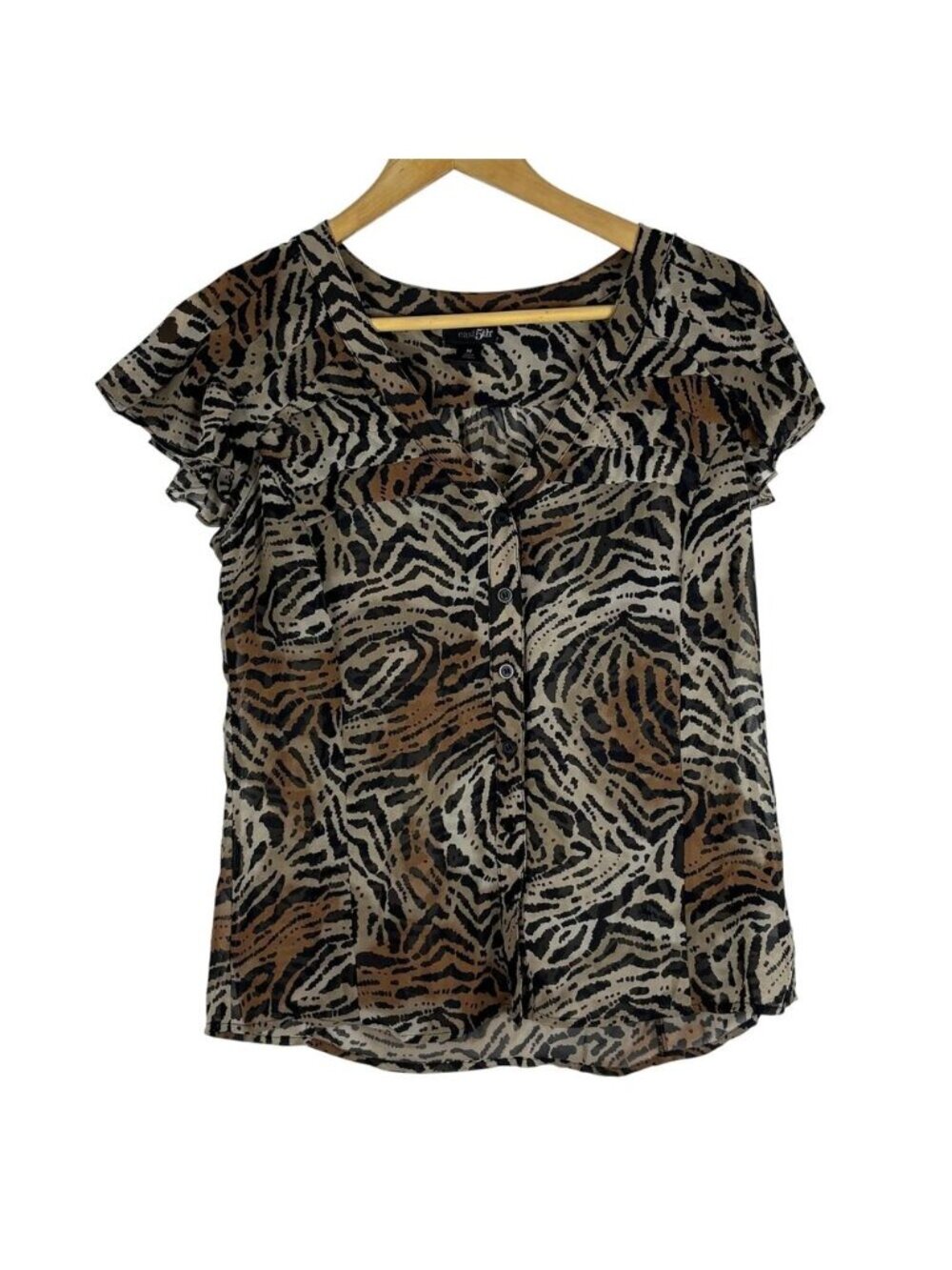 East 5th Leopard Print Sheer Blouse Short Sleeve Button Up Top Ruffles M